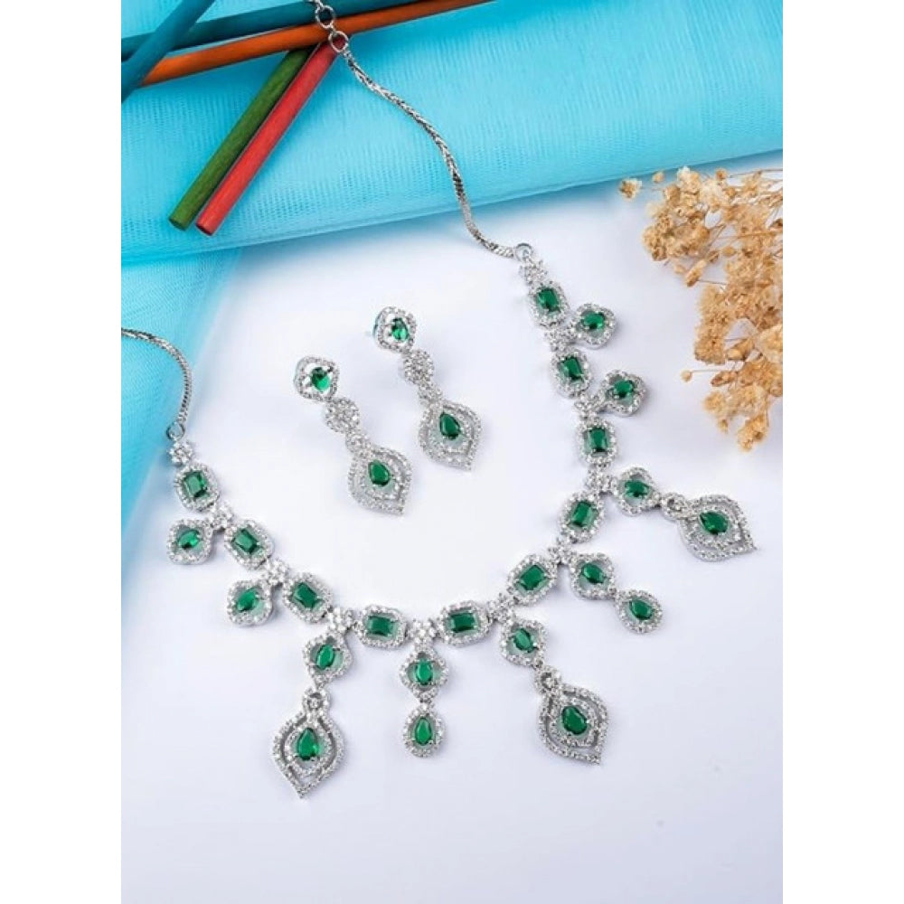Brass Silver Plated Necklace set (Green) – Design 11