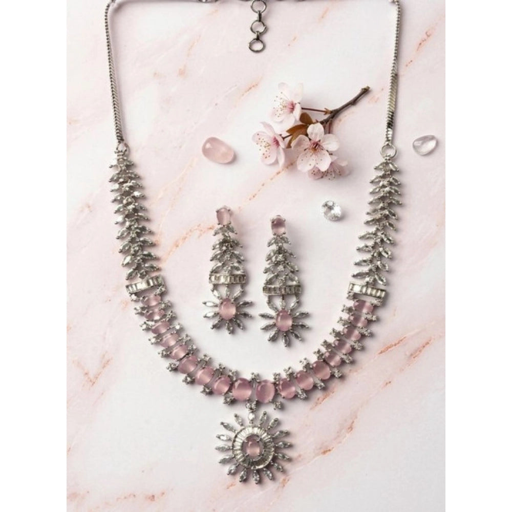 Brass Silver Plated Necklace set (Pink) – Design 08