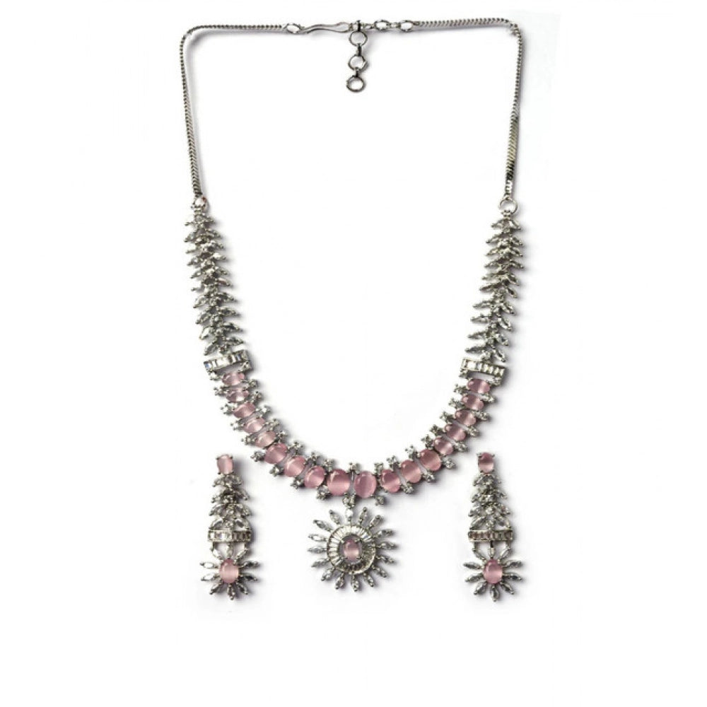 Brass Silver Plated Necklace set (Pink) – Design 08