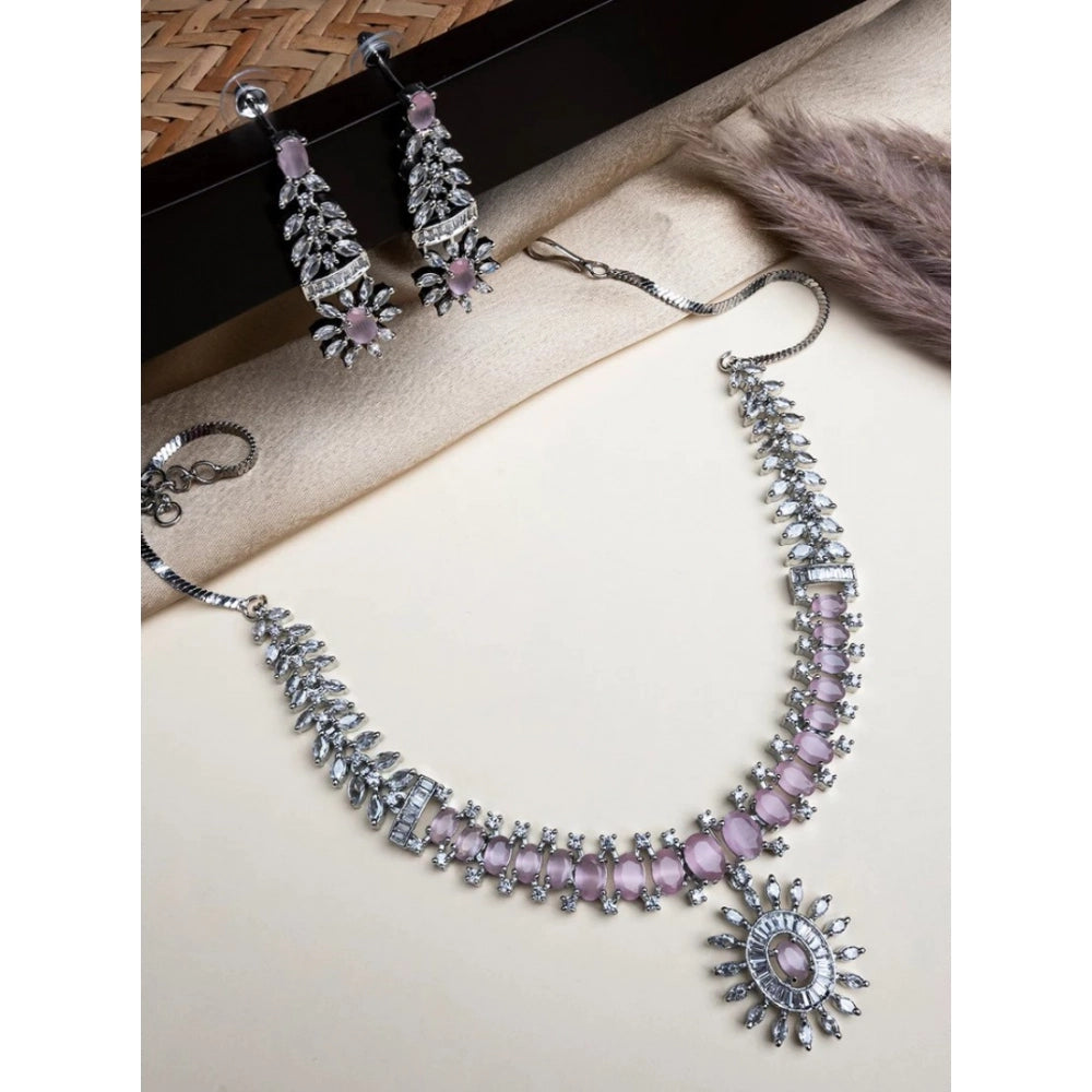 Brass Silver Plated Necklace set (Pink) – Design 08