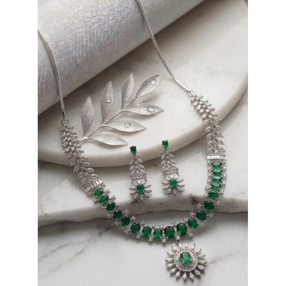 Brass Silver Plated Necklace set (Green) – Design 12