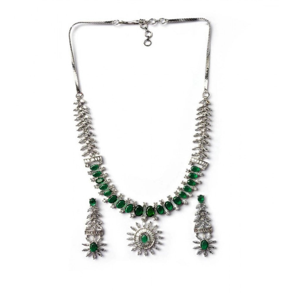 Brass Silver Plated Necklace set (Green) – Design 12