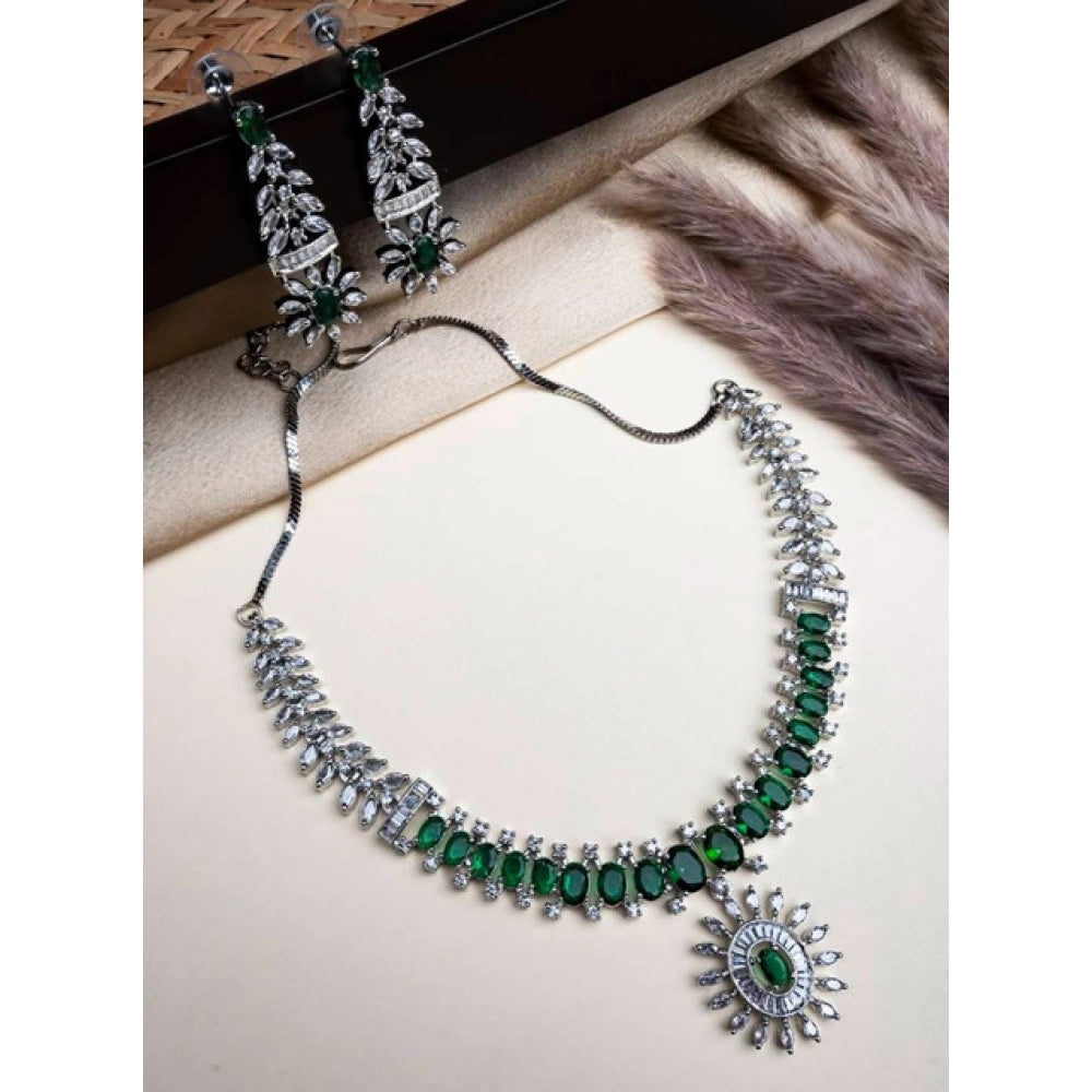 Brass Silver Plated Necklace set (Green) – Design 12