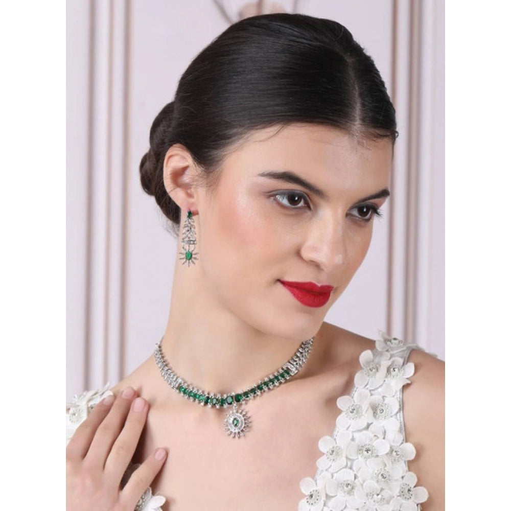 Brass Silver Plated Necklace set (Green) – Design 12