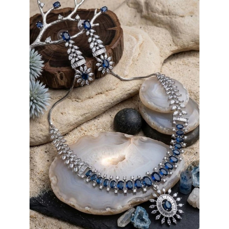 Brass Silver Plated Necklace set (Blue) – Design 05