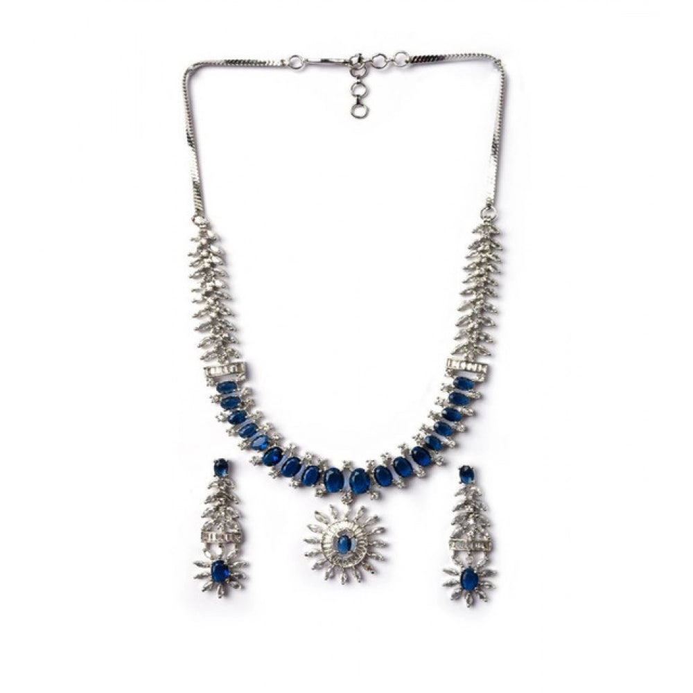 Brass Silver Plated Necklace set (Blue) – Design 05
