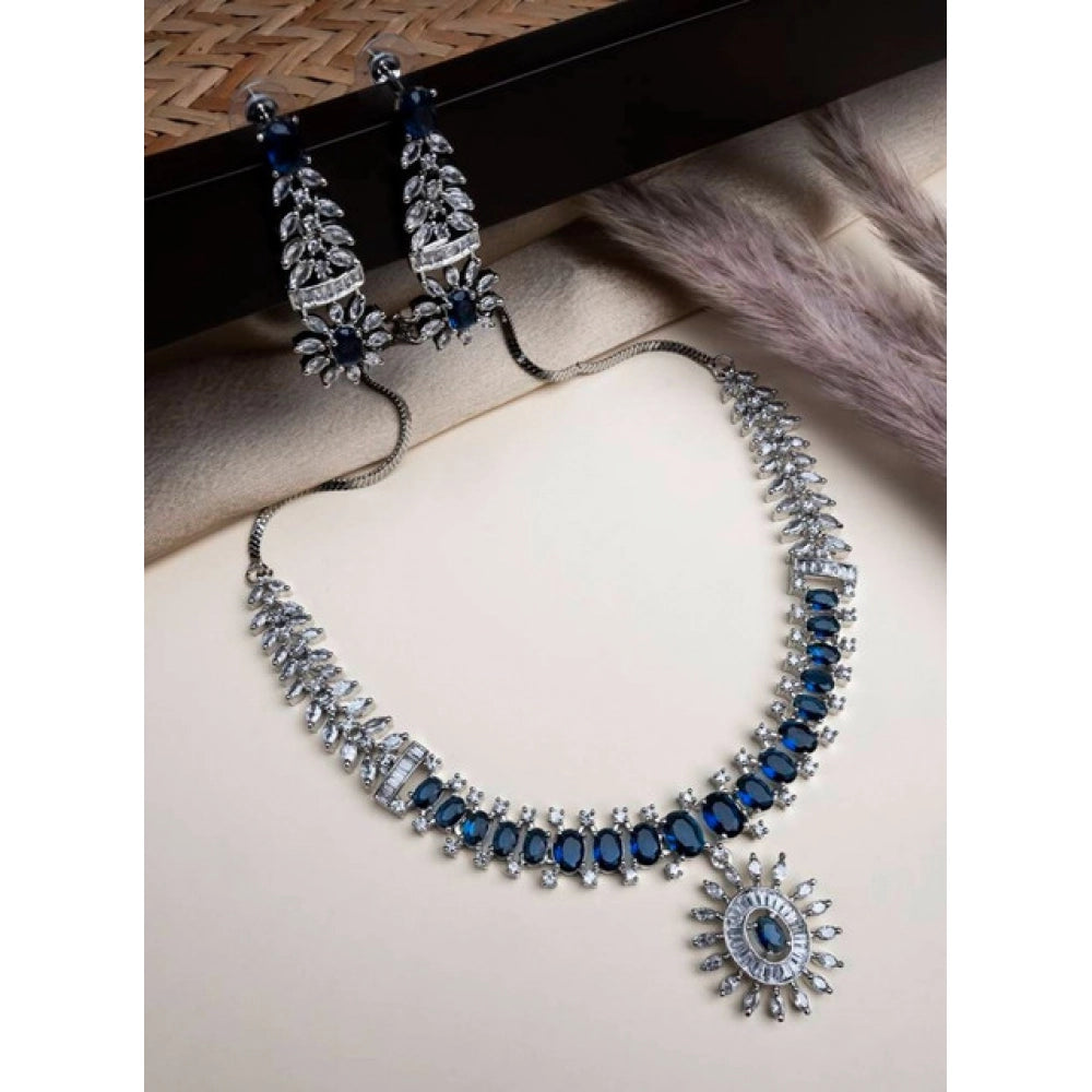 Brass Silver Plated Necklace set (Blue) – Design 05